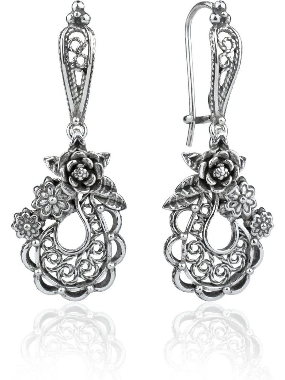 Handcrafted Sterling Silver Filigree Dangle Drop Earrings for Women - Elegant